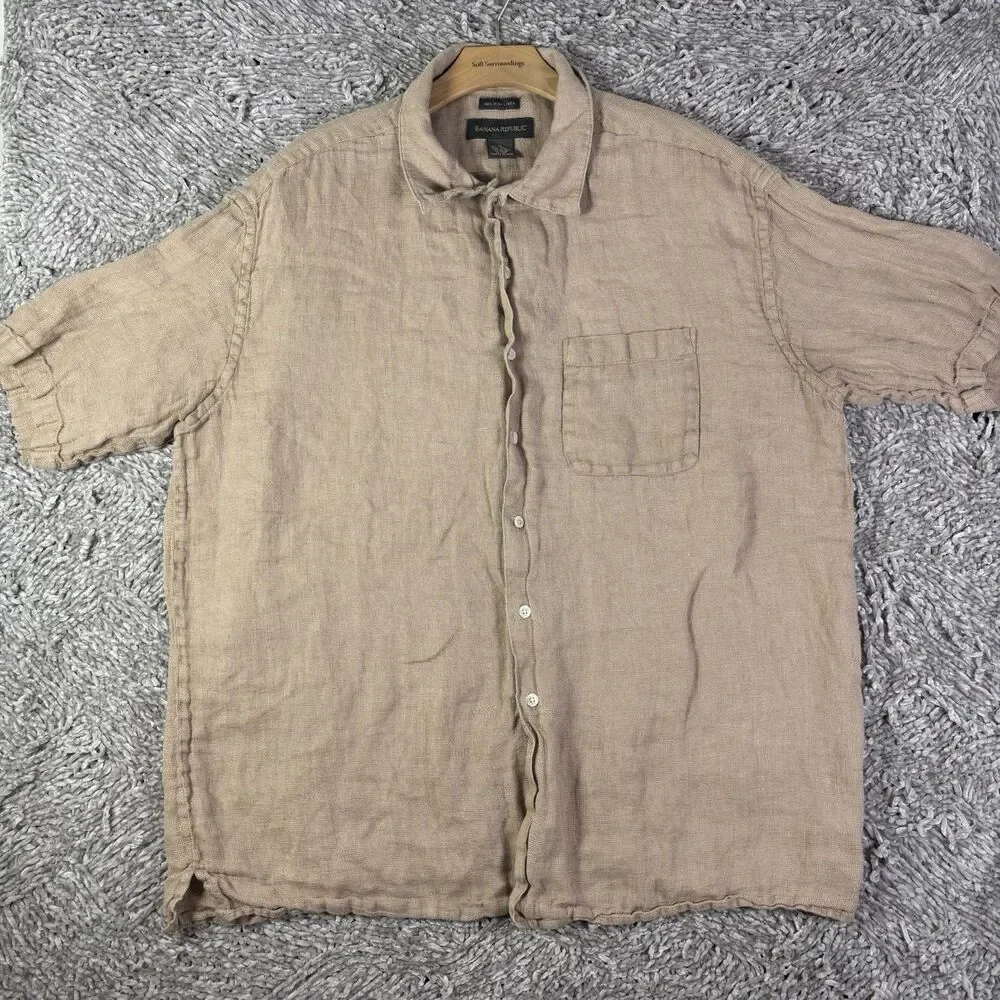 Banana Republic Irish Linen Shirt Mens XL Short Sleeve Beige Breathable Summer